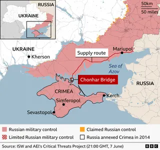 Map showing Russian military control of Ukraine.