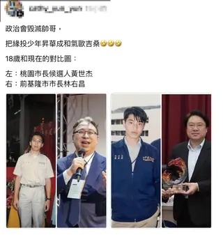有網友製作黃世杰（左）和林右昌的今昔對照圖，引起討論。（圖／翻攝網路）