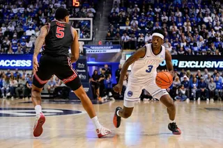 Feb 7, 2026; Provo, Utah, USA; BYU Cougars forward AJ Dybantsa (3) controls the ball while being defended by Houston Cougars forward Chris Cenac Jr. (5) during the first half at Marriott Center. Mandatory Credit: Aaron Baker-Imagn Images