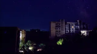 Residential buildings at night during a temporary power outage, which local authorities said was caused by technological disturbances in the peninsula’s energy grid