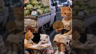 三隻人形橘貓在賣西瓜
