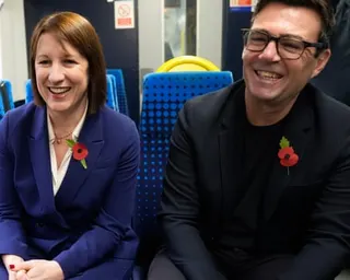 The chancellor, Rachel Reeves with then mayor of Greater Manchester, Andy Burnham sitting on a train.