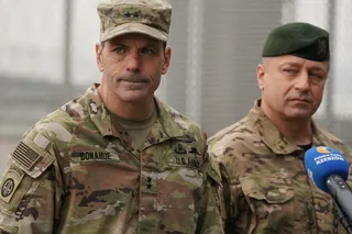 US Army General Christopher Donahue (left) and Polish General Wojciech Marchwica speak to journalists at Rzeszow-Jasionka airport in Poland in February 2022. Photo: AP