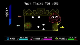 The Jackenstein boss fight, as seen in Deltarune Chapter 4. Jackenstein is a pumpkin who goads the player on with intentionally misspelled taunts like "YOUR [sic] TAKING TOO LONG."