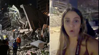 A split image of journalist Nicole Kolster standing on a badly damaged street in Caracas looking at the camera, and people in helmets expecting the rubble of a collapsed building