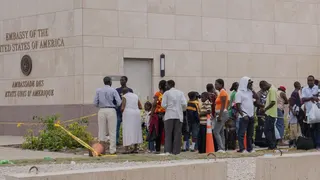 A crowd lines up outside the American embassy in Haiti