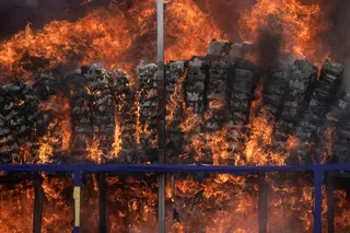 Seized illegal drugs are set on fire during a destruction ceremony to mark the United Nations’ International Day against Drug Abuse and Illicit Trafficking in Yangon, Myanmar on June 26, 2026. — AFP pic