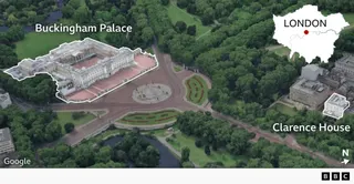 一幅圖示顯示自 Google 鳥瞰角度拍攝的林蔭大道（The Mall），並標示出白金漢宮與克拉倫斯宮的位置。另有一張定位圖顯示該大道在倫敦的位置。