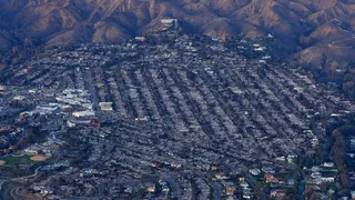 Aerial view of fire damage in Pacific Palisades, California.