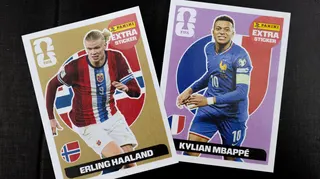 The Panini World Cup 2026 stickers of Erling Haaland and Kylian Mbappe side by side