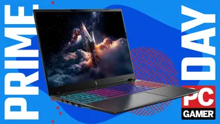 An Acer Nitro V 16S RTX 5060 32 GB gaming laptop on a blue and red Prime Day deals background, with the PC Gamer logo in the bottom right