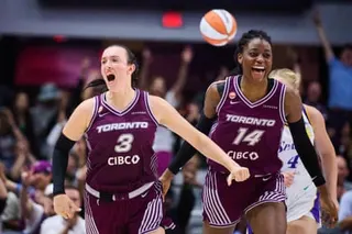 Toronto’s Marina Mabrey (3) celebrates alongside Temi Fagbenle (14) after scoring against the Los Angeles Sparks during the second half on Thursday night.