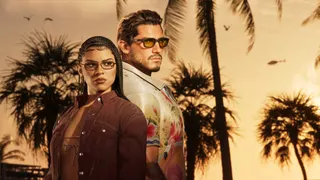 Official GTA 6 image showing Jason and Lucia back to back in sunglasses and slick clothing, against a deep sunset gold sky and palm trees