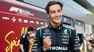 George Russell celebrates winning the Austrian Grand Prix
