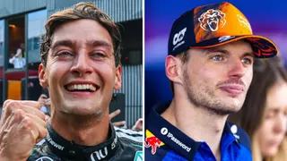A split picture of Austrian Grand Prix race winner George Russell on the left and second place finisher Max Verstappen on the right