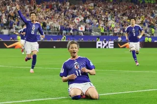 Japan's Daizen Maeda celebrates after scoring against Sweden during a Group F match at the 2026 FIFA World Cup in Arlington, Texas, on Thursday.