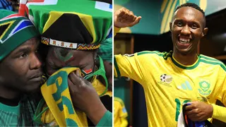 A composite picture made up of two images. On the left, a South Africa fan holds a yellow and green scarf up to her eyes as she is comforted by a man wearing a green shirt and a green beanie hat bearing the national flag. On the right, Thapelo Maseko smiles into the camera and raises his right hand in celebration as he is seen from stomach up wearing a yellow South Africa shirt in a dressing room.