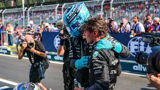 George Russell hugs Kimi Antonelli after the Austrian Grand Prix