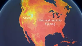 Temperature map of North America with cooler air marked in the east and heat and humidity building in central and eastern areas.