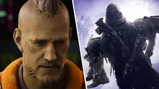 A split image. Left: A character from concord looks grimly determined. Right: A character from Destiny 2 carries another into a bright, burning light.