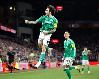Sandro Tonali celebrates after scoring for Newcastle against Aston Villa in February.