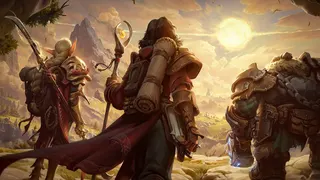 Three fantasy heroes stand looking at a lowering sun in the distance. One is an elf with a long sharp stave on their back; one is a human with a magical staff; and one is a squat and sturdy dwarf holding a glowing hammer. Off to battle they presumably go.