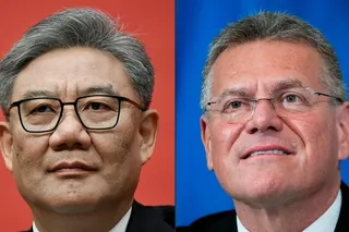 China’s Commerce Minister Wang Wentao, left, and EU trade chief Maros Sefcovic, who held talks in Brussels as Beijing and the bloc sought to ease escalating trade tensions. Photo: AFP