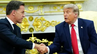 U.S. President Donald Trump shakes hands with NATO Secretary General Mark Rutte
