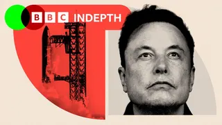 Two treated images of a SpaceX Starship on top of a Super Heavy booster at the launch pad, with a zoomed-in image of Elon Musk on the right.