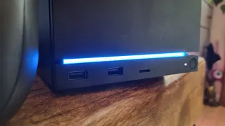 A close-up of the blue LED strip on the front of the Steam Machine