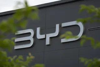 The BYD logo at a dealership in Beijing on June 9. Photo: EPA