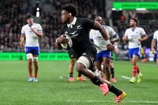 The All Blacks’ Peter Lakai runs in a try as New Zealand open their first Nations Championship rugby campaign with a win over France in Christchurch