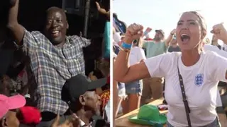 A male DRC fan is seen cheering in a composite image with a cheering female England fan