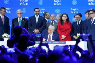 President Donald Trump signs the charter of his Board of Peace initiative at the World Economic Forum in Davos, Switzerland in January. Photo: AP