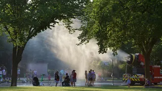 Sunlit park framed by dense green trees; mist from a water spray drifts over people, while a red fire truck sits to the right and bicycles and kids wander nearby.