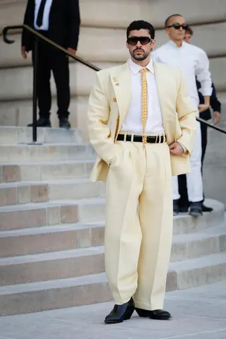 Puerto Rican singer Bad Bunny arriving for the Schiaparelli Women Haute Couture Fall/Winter 2026-2027 collection as part of Paris Fashion Week on July 6.