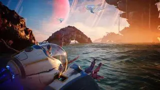 A pioneer in a tadpole watching the sunset in Subnautica 2