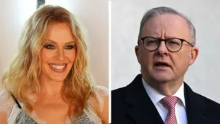 Split-screen showing a close-up of Kylie Minogue smiling on the left and Anthony Albanese on the right