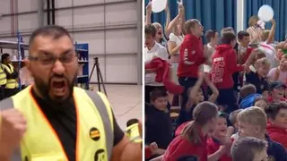 Man in a high vis jacket celebrating split screen with school children cheering.