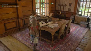 Edward is shown interacting with a stack of maps and papers in Assassin's Creed Black Flag Resynced.