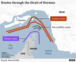 A map showing the routes through the Strait of Hormuz