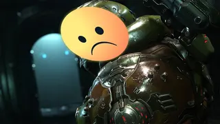 The Doom Slayer - a heavily armoured brutish character - turns to the camera, but where his face should be is instead a big emoji sad face. He's sad.