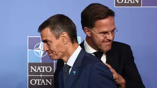 Spanish Prime Minister Pedro Sanchez and NATO Secretary General Mark Rutte during the welcome ceremony at the NATO Summit in Ankara on July 8,
