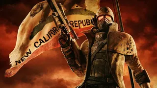 Fallout New Vegas artwork, showing masked a character posing in front of a tattered New California Republic flag, holding a bespoke-looking rifle aloft and wearing thick but battered leather trench coat jacket. The sky is orangey black behind.