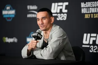 Max Holloway speaks during a news conference for the UFC 329 mixed martial arts event Wednesday, July 8, 2026, in Las Vegas. (AP Photo/John Locher)