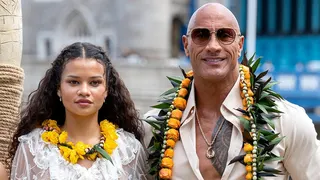 Catherine Laga'aia and Dwayne Johnson attend Moana Experience launch.
