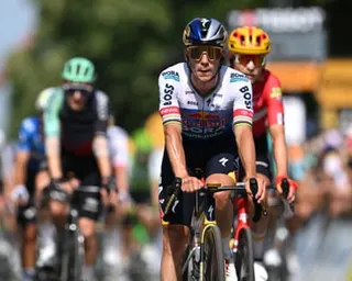 Remco Evenepoel crosses the line in Bergerac