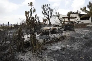 A burnt-out car in a scorched landscape