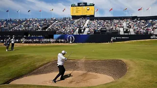Joe Dean playing a shot out of a greenside bunker on the 18th hole at Royal Birkdale in the Last Chance Qualifier