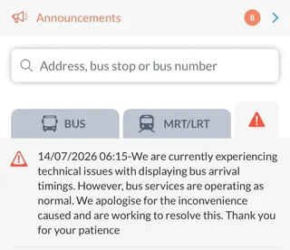 An alert on the MyTransport informing commuters of the issue.